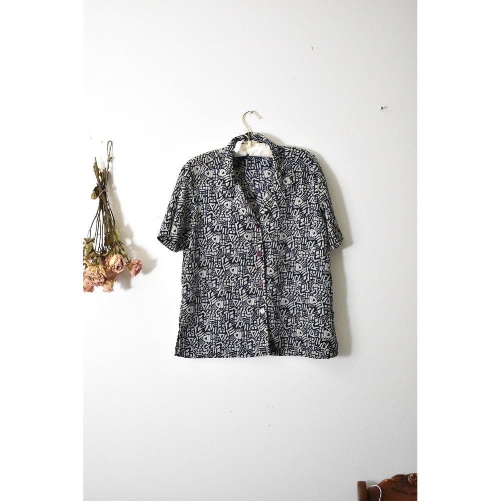 Vintage Notations Navy Blue Cream Abstract Geometric Button Up Blouse Top Womens